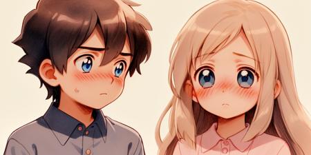 03949-3680898265-portrait, 1girl, 1boy, long hair, blush, looking at another, blue eyes, eye contact, short hair, hetero, male child, shirt, coll.png